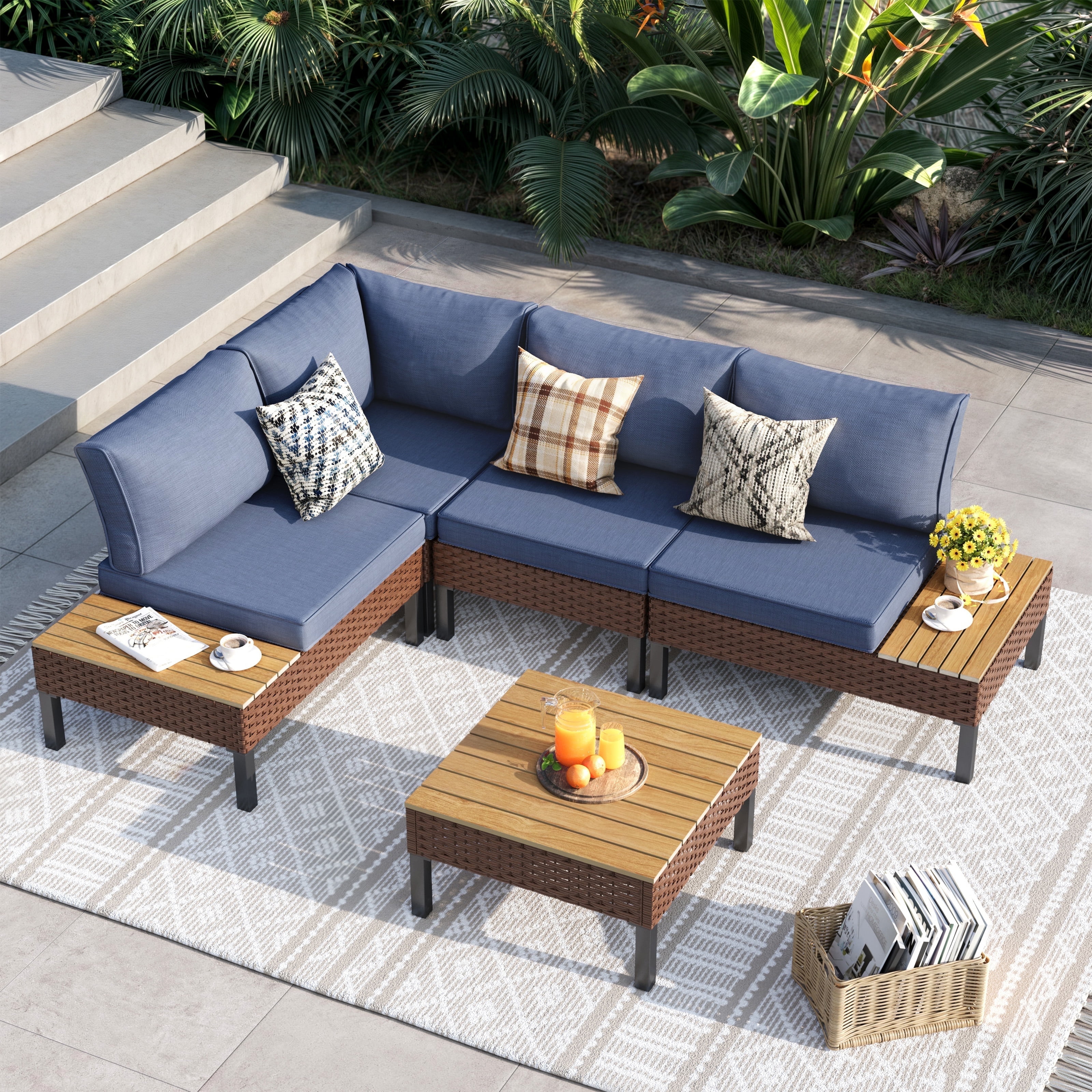 ELPOSUN 5-Piece L-Shaped Outdoor Sectional Sofa ,Patio Furniture with Water-resistant Cushions & Side Tables (Navy)
