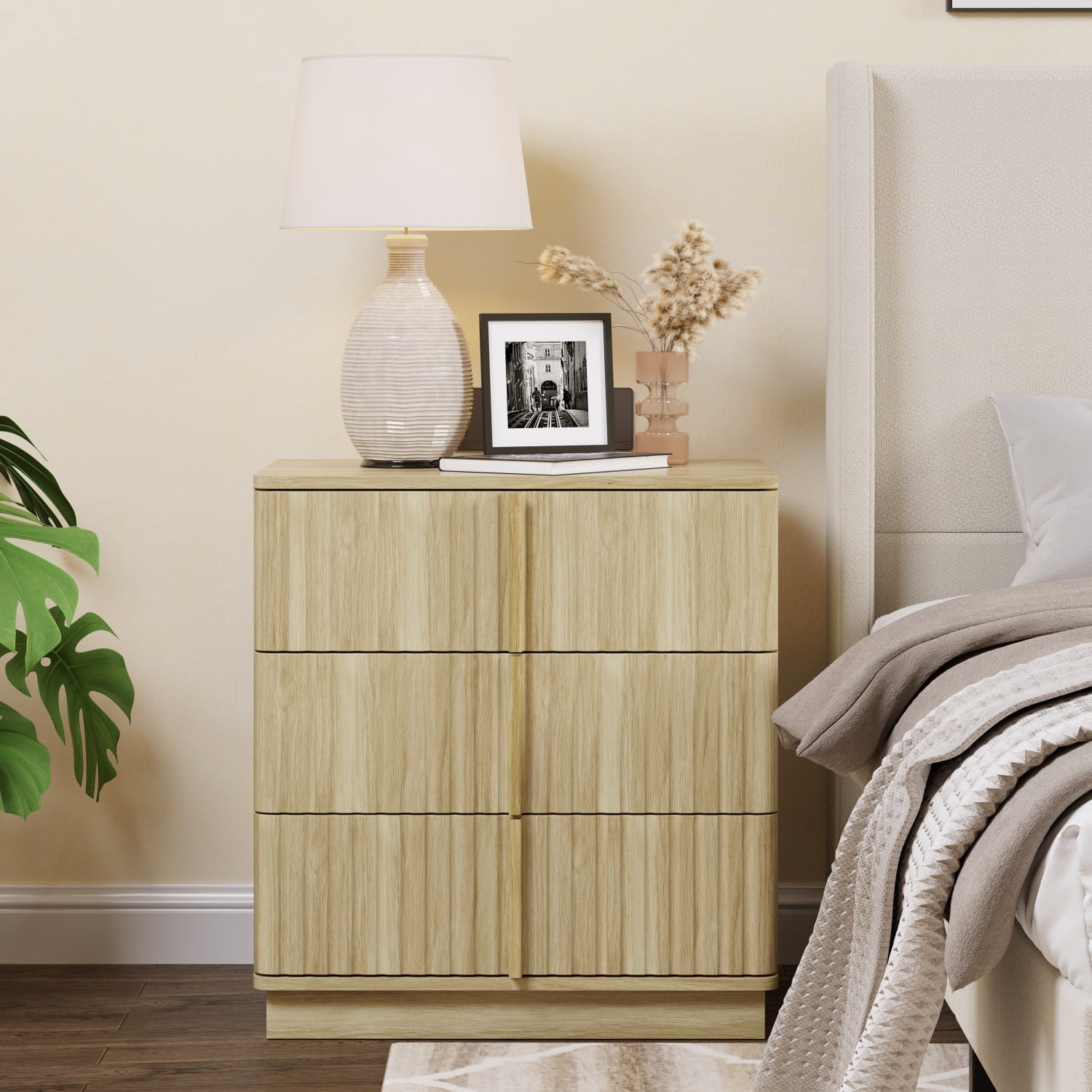 25.39" Vintage 3 Drawer Nightstand with Vertical Stripe Design, Modern Bedside Table Storage Cabinet, Retro Accent End Table for Bedroom, Living Room, Home Office, Natural