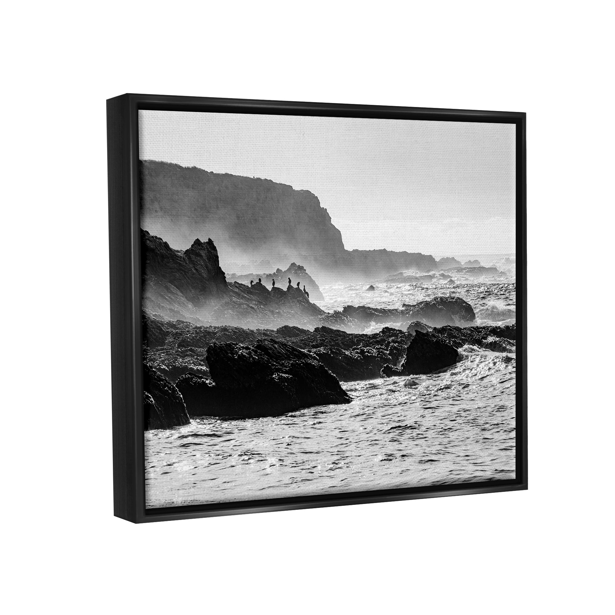 Stupell Industries Rocky Ocean Shoreline Waves Distant Birds Perched Photograph Jet Black Floating Framed Canvas Print Wall Art, Design by Steve Smith