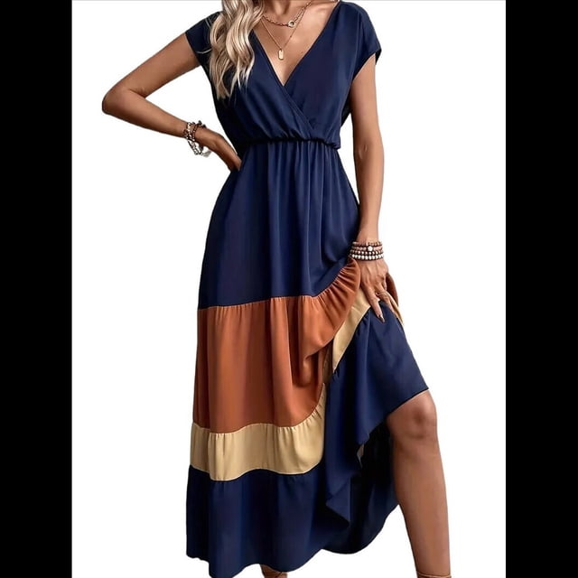 Vestido de Fiesta para Mujer, con Bloques de Color, Cintura Alta, Corta, Cuello en V, Informal, Fruncido y Bajo con Volantes Estilo 1 L