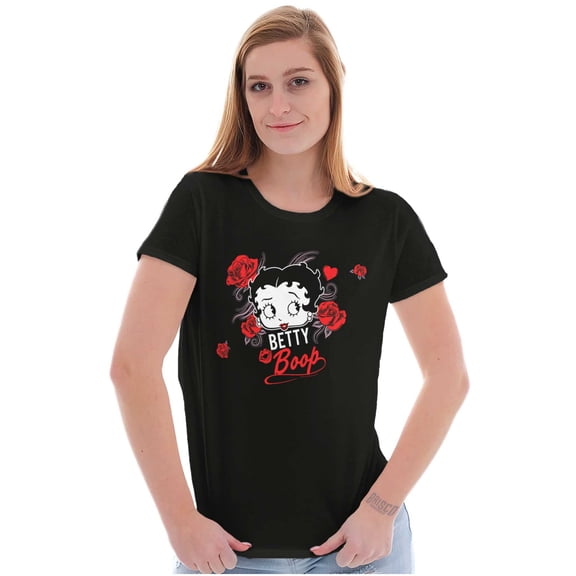 Retro Betty Boop Cartoon Head Roses Women's T Shirt Ladies Tee Brisco Brands S