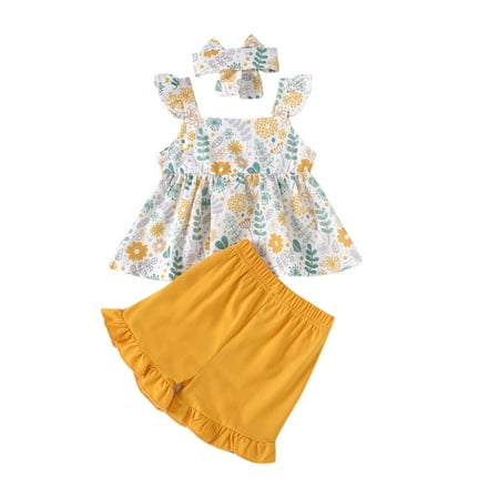 

Baby Kids Girls Sleeveless Bow Flower Print Tops+Shorts+Headband Set outfit Clothes Outwear For 12-18 Months