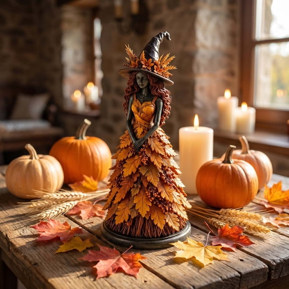 Fall Home Decor,Hand Painted Witch Resin Figurine with Leaf Dress & Berry Hat,Autumn Halloween Decor for Mantel Shelf, Tabletop ,Thanksgiving Halloween Gift(Yellow)