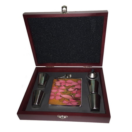 

KuzmarK Pink Leather Flask Set in Rose Wood Gift Box - Ragdoll Kitty Fairies with Pink Dogwood Art by Denise Every