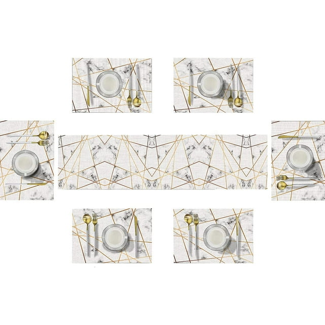 Napperons Géométriques Blancs et Dorés pour Table à Manger, Ensemble de 6 et Chemin de Table, Ensemble de Chemins de Table et Napperons en Coton-Lin Résistant à la Chaleur pour Décoration de Fête, Banquet, Mariage