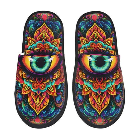 Balery Vibrant Psychedelic Eye Slient Indoor Furry Fleece Comfort House Shoes Soft Non-Slip Home Shoes Cotton slippers House Slippers-- Large