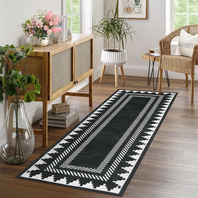 2x6 Washable Modern Solid Area Rug, Non Slip TPR Backing Low Pile Carpet for Living Room, Bedroom, Dining Room,Black
