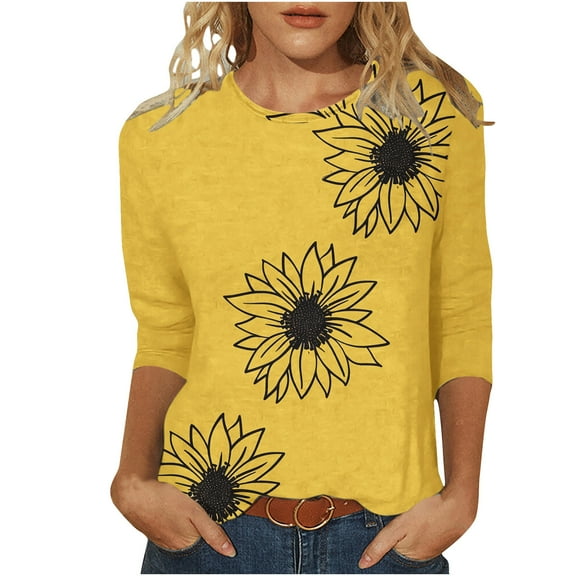 BangWanChi 3/4 Length Sleeve Womens Tops Women's Fashion Sunflower Printed T-shirt 3/4 Sleeve Blouse Round Neck Casual Tops