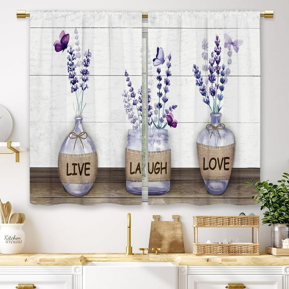 Farmhouse Purple Lavender Kitchen Curtains Bottle Rustic Country Flower Small Short Cafe Window Curtains Floral Plank Rod Pocket Bathroom Window Drapes Treatment Tier Curtains (27.5x36 Inch)