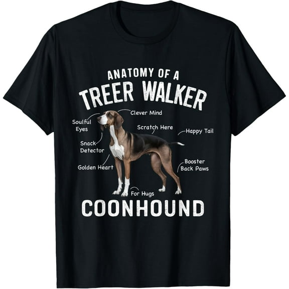 Anatomy Of A Treeing Walker Coonhound T-ShirtMen's and women's gift, black and white T-shirt, size: Extra large S-4XL