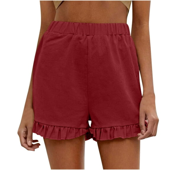 Women's Shorts Cute Ruffle Solid Color Elastic Waist Shorts Casual Loose Fit Summer Work Trendy Vacation Beach Shorts