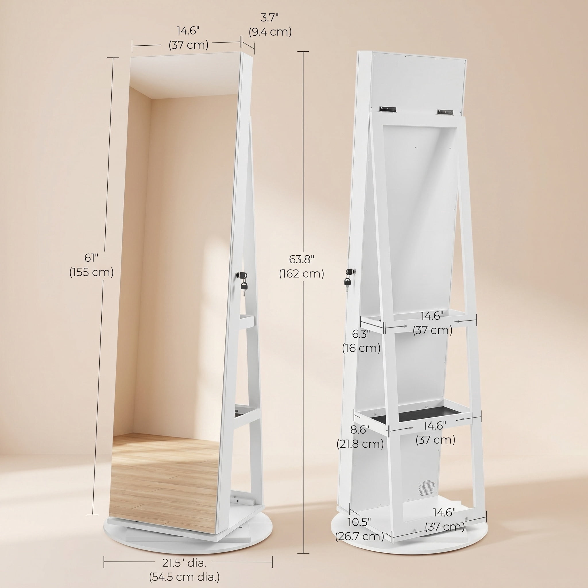Nordic Hygge 360° Swivel 6-LED Lockable Jewelry Cabinet with Full-Length Mirror – White & Black