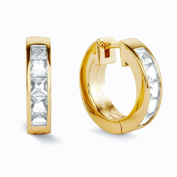 Men's Yellow Gold Plated 925 Sterling Silver Square Princess Cut Iced 5A Cz Trendy Classic Unisex 14mm Hoops Hypoallergenic Huggie Hoop Earrings