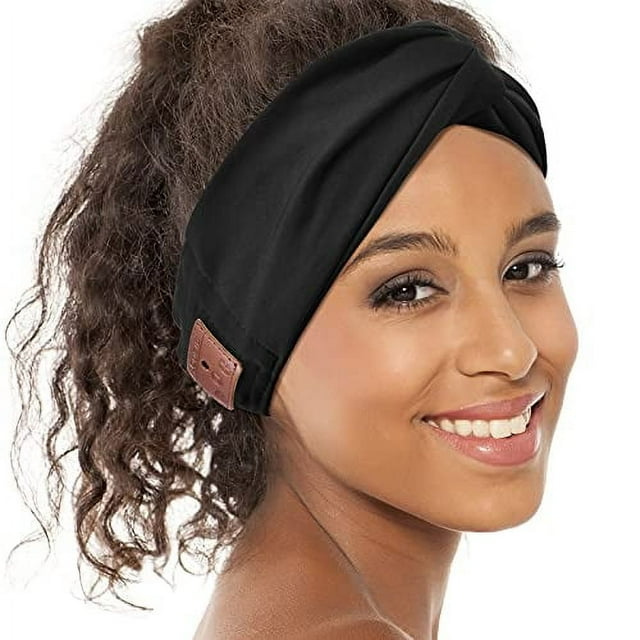 BULYPAZY Auriculares Bluetooth con diadema para mujer, auriculares inalámbricos con diadema con altavoces HD, banda para la cabeza negra con diseño anudado/giro para yoga, entrenamiento, correr, depor