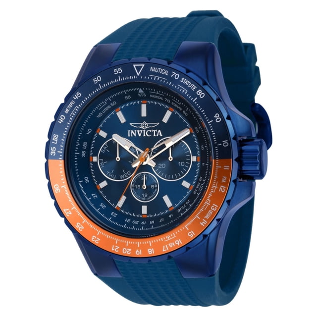 reloj invicta 39300 hombre azul 3/4 frontal cronógrafo azul con bisel naranja parcial, caja metálica azul, esfera azul con tres subesferas y ventana de fecha, manecillas plateadas con acento naranja y correa de silicona texturizada azul; también suele usarse como reloj deportivo casual para actividades diarias.
