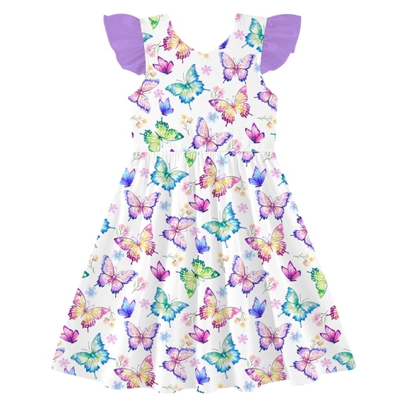 Lanbubble Toddler Girl Dresses Back Bowknot Butterfly Ruffled Sleeve Dress Casual Sundress 5-6 Years