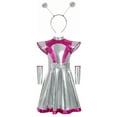thumbnail image 5 of HCNTES Girls Alien Halloween Space Man Dress Up Metallic Dress With Arm Sleeves Alien Hair Hoop Set(7-8 Years,S30-Purple), 5 of 6