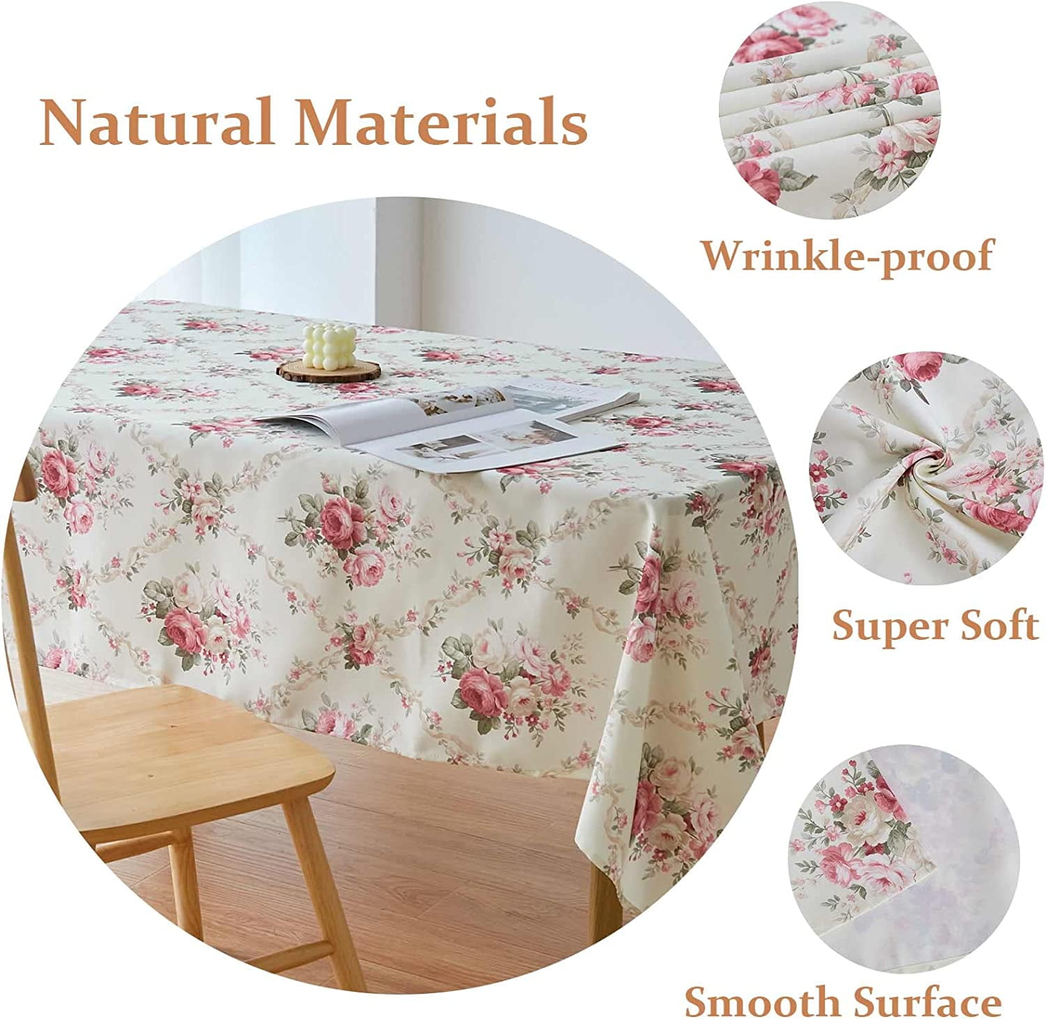 Vintage Floral Rectangle Tablecloth Shabby Chic Flower Table Cloth Spring Table Cover Waterproof for Dinner Kitchen Picnic, Pink, 60x120 Inches