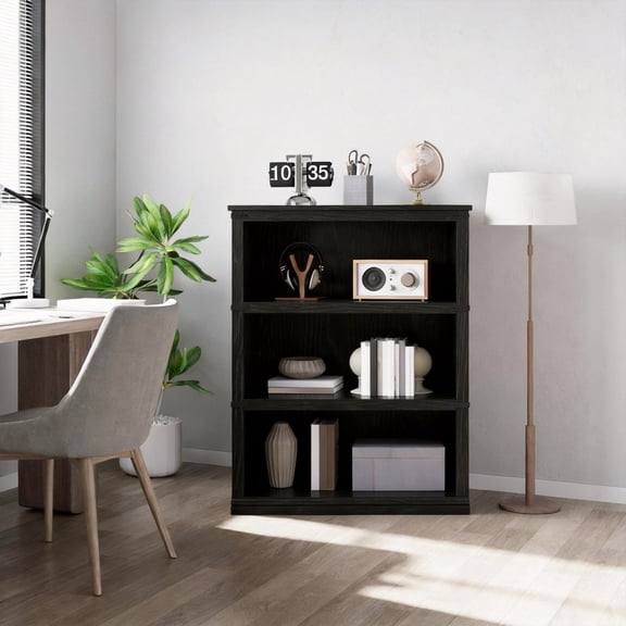 3 Tier Bookcase, Farmhouse Book Shelf with Storage, Low Book Case Wooden 3 Shelf Bookcase for Home Office, Living Room, Bed Room,Black