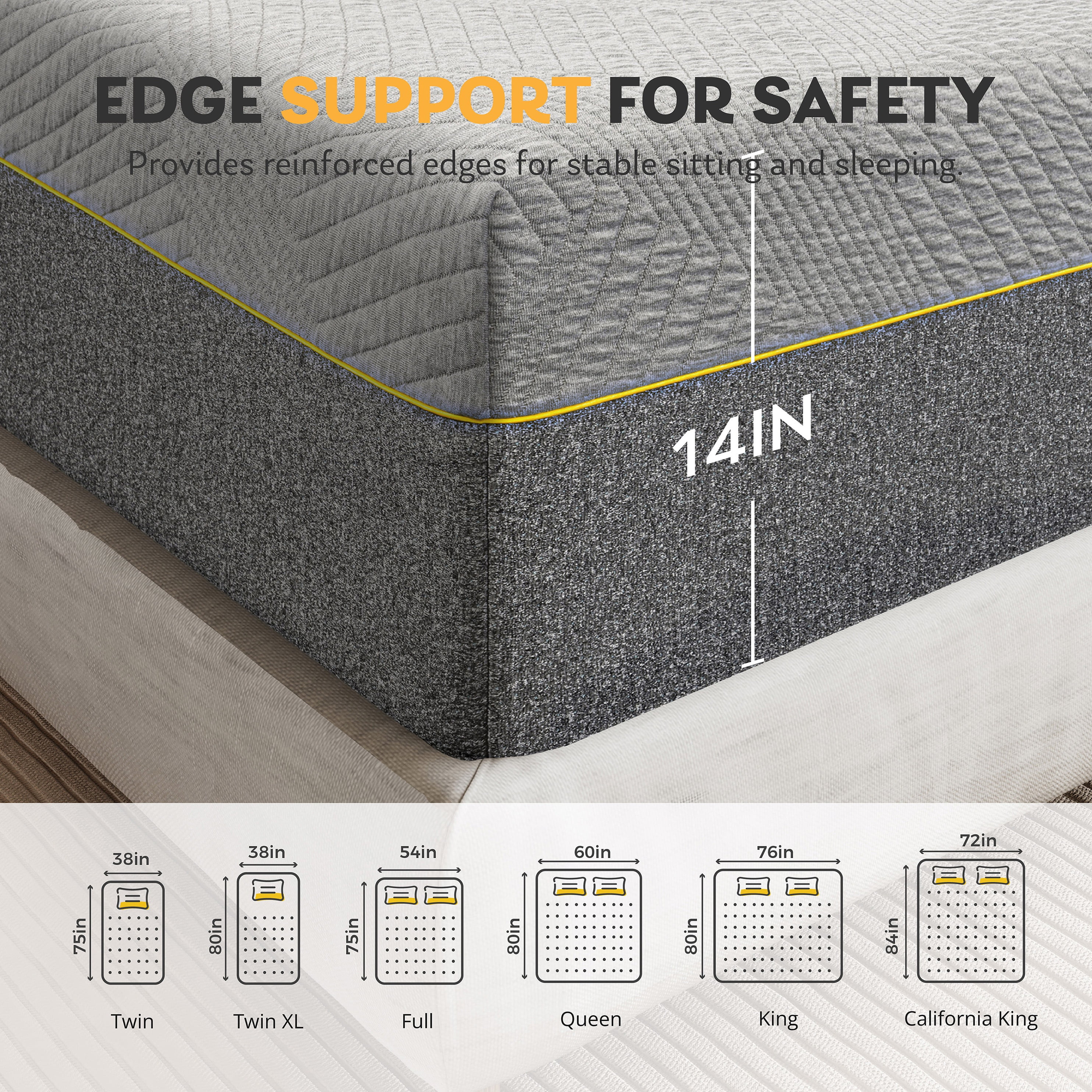 MLILY Ego Gray 14 inch Twin XL Size Mattress, Gel Memory Foam Mattress in a Box, Medium  (图4)
