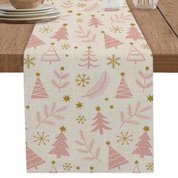 nqOlkjepod Christmas Tree Table Runner 60 Inches Long Farmhouse Dress Scarves, Winter Xmas Pink Pine Snowflake on Linen Dining Tablerunner for Coffee Table/Kitchen Island/Party Décor, 13" x 60"