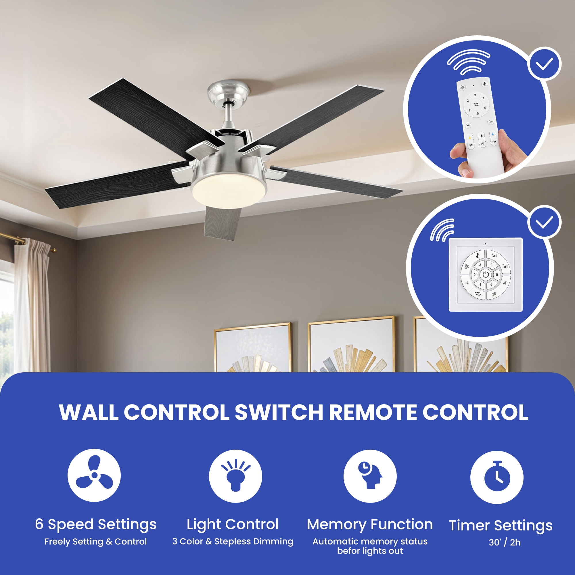 ModFusion 52in Modern Black & Silver Ceiling Fan, 6 Speeds, Quiet Air Reversible Motor, Dimmable LED