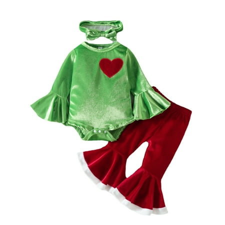 

EHTMSAK Newborn Infant Baby Toddler Girl Clothing Set Christmas Long Sleeve Flare Sleeve Bodysuit and Flare Pants Set Outfits with Hat Green 0-2Y 80