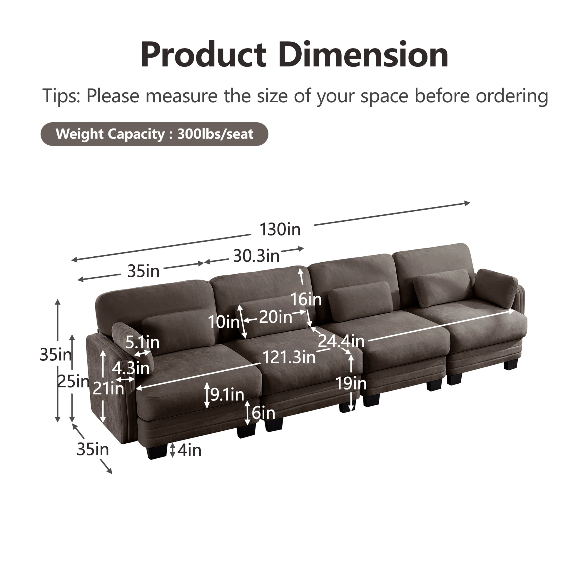 130" Tufted Modern Modular Sectional 4 Seater Sofa Couch with 6 Pillows