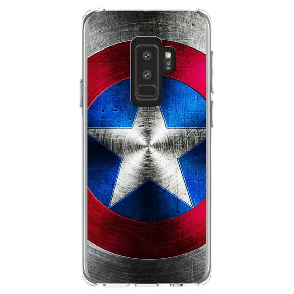 DistinctInk Clear Shockproof Hybrid Case for Samsung Galaxy S9  PLUS (6.2" Screen) - TPU Bumper, Acrylic Back, Tempered Glass Screen Protector - Red White Blue Shield