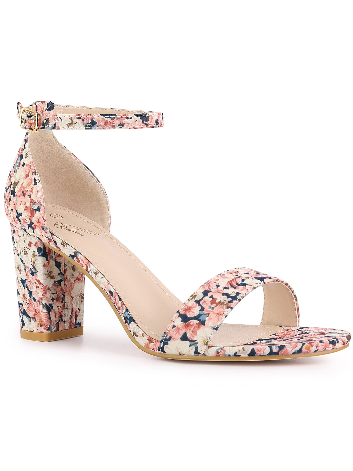 Pink Floral Chunky Heel Sandals BLISSFUL STEP Floral Printed Open - Main Image