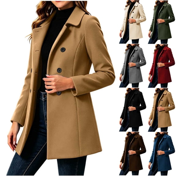 Dzrciro Trench Coat Women, Wool Blend Long Sleeve Collared Thicken Double Breasted Mid Length Overcoat with Pockets, Warm Comfortable Office Bussiness Work Jackets S-2XL