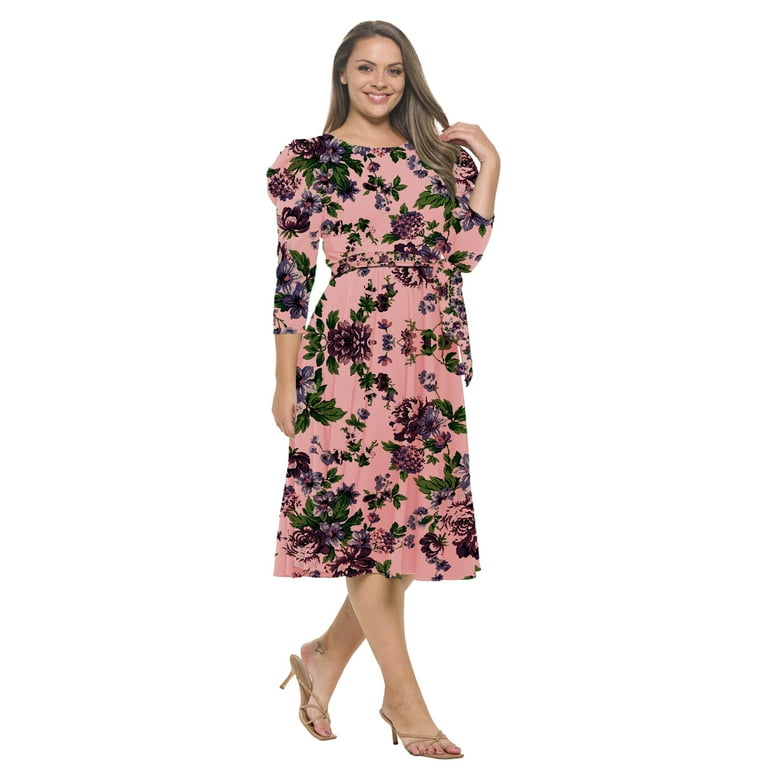 Blush Mauve Medium Size Women's Summer Swing Puff 3/4 Sleeve Midi Cocktail  Pockets with Tie Waist for Party, Formal and Casual Dresses - Walmart.com