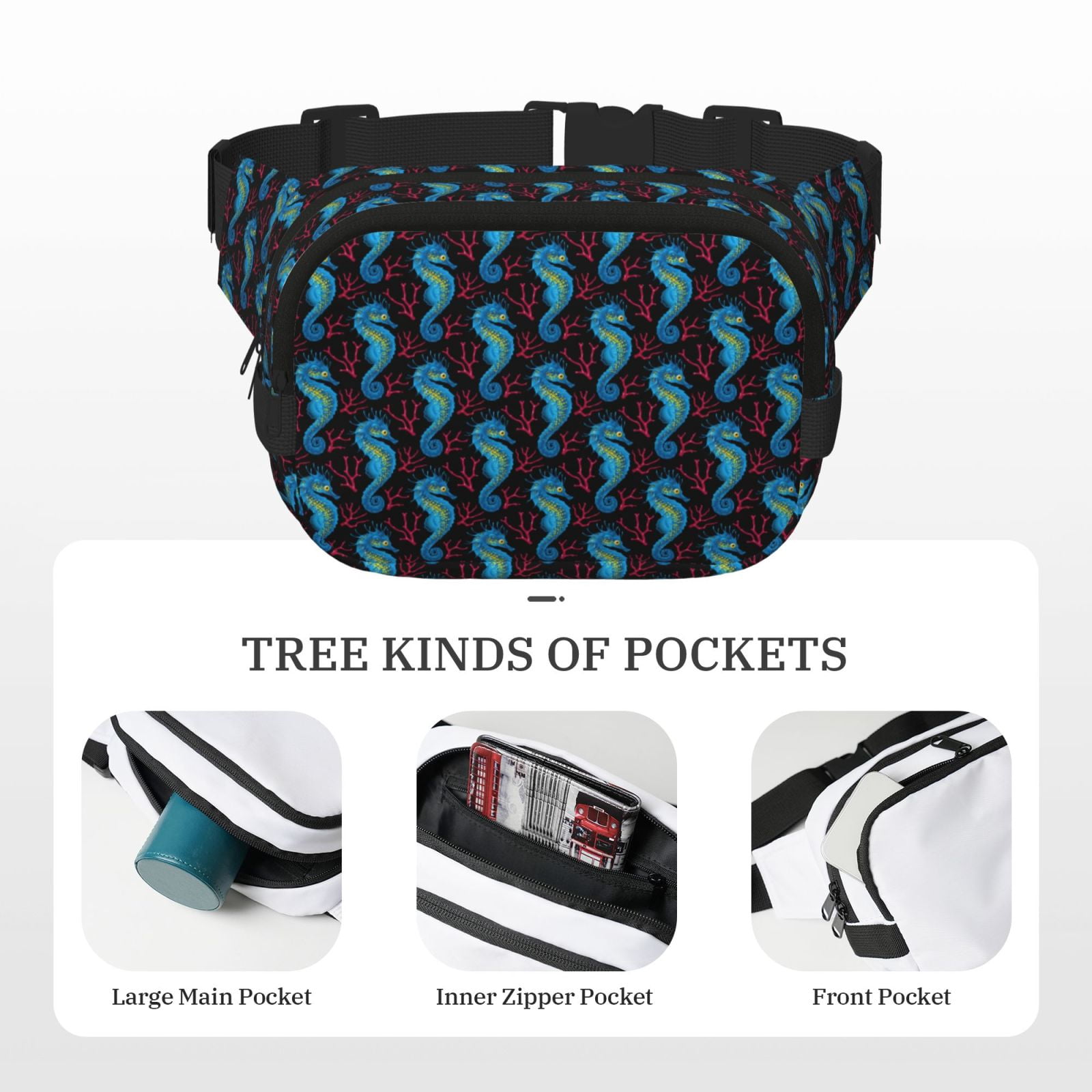 Picia Blue Seahorse Print Square Double-Layer Waist Bag Mini Adjustable Waist Belt Bag Exercise Running Travel Hiking