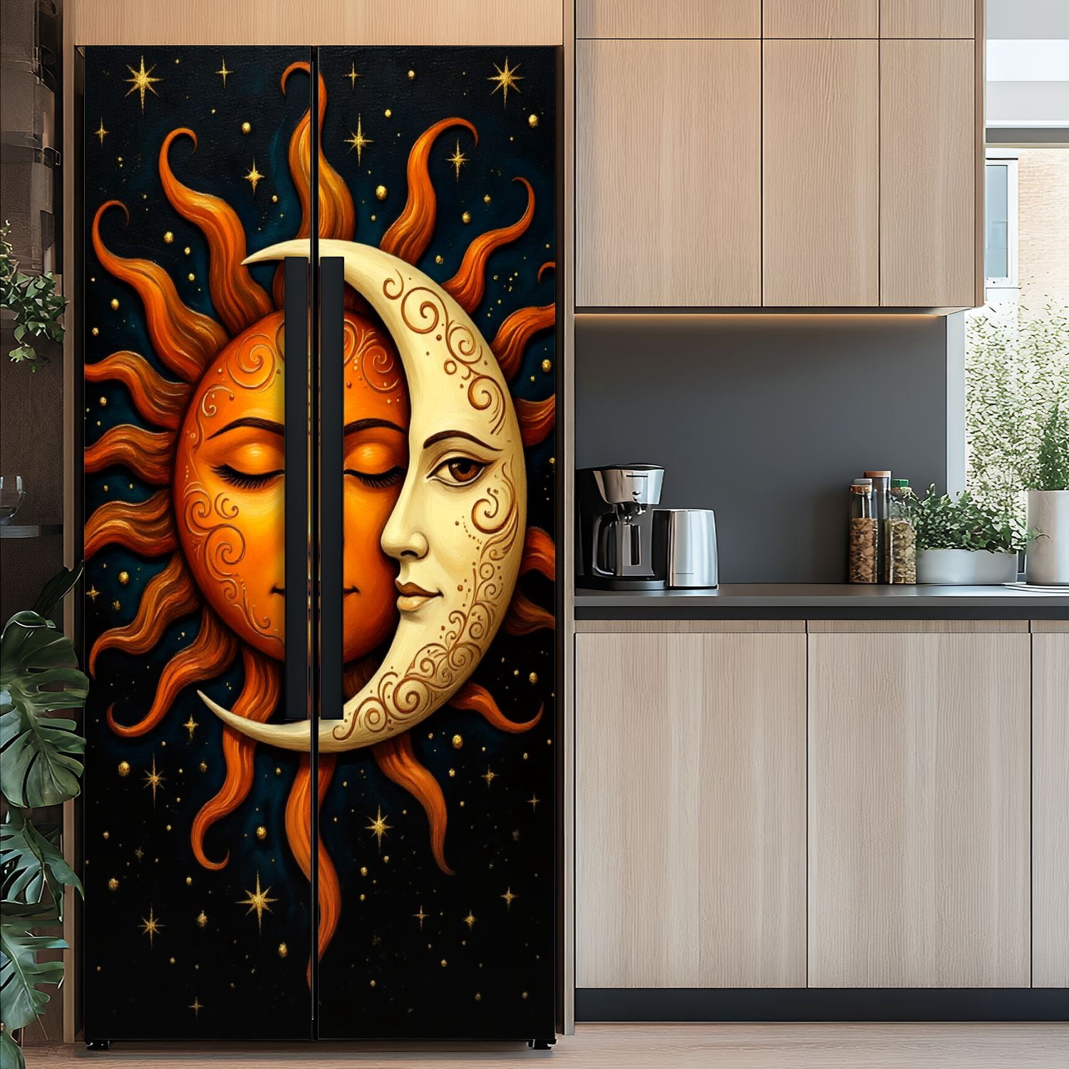 Self Adhesive Vinyl Refrigerator Wrap Set Sun Moon Fantasy Vibrant Orange Sun Detailed Crescent Moon Door Mural Removable Fridge Sticker Peel and Stick&nbsp;Full Door Cover Decal Kitchen Bar Decor