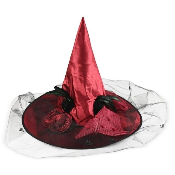 Skeleteen Deluxe Pointed Witch Hat - Glamorous Red Witches Accessories Fancy Satin Hat with Bow, Spiders and Black Feathers