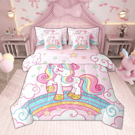 Feelyou Cartoon Rainbow Unicorn Twin Bedding Sets 7pcs for Kids, Stars Clouds Girl Bedding Comforter Set, Psychedelic Galaxy Sheet Sets, Pink