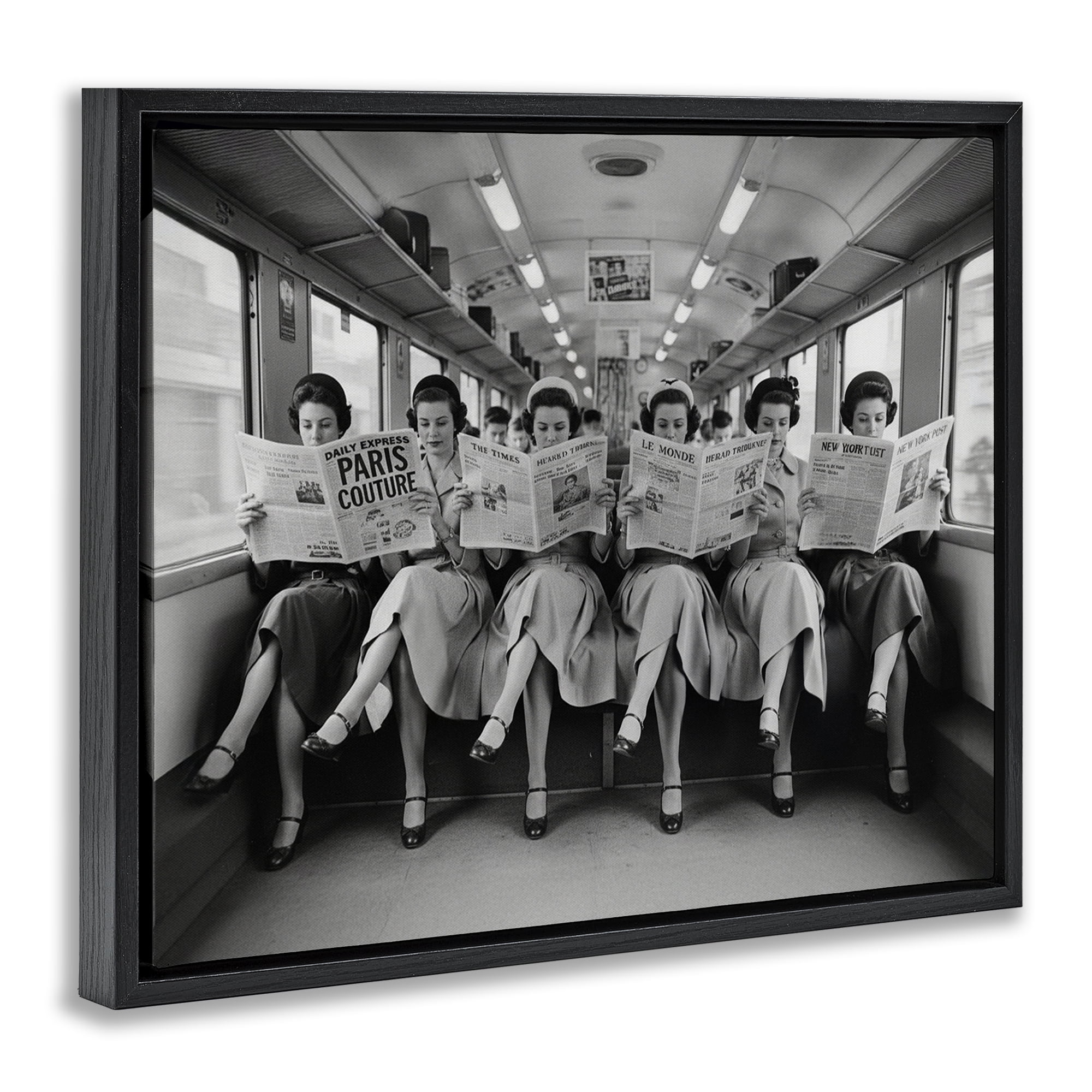 Stupell Industries Newsprint Ladies on Train Black Framed Floater Canvas Wall Art, design by A Barefoot Stylist