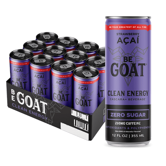 BeGOAT Strawberry Acai Zero Sugar Clean Energy Drink, 12 oz can (12 Pack)