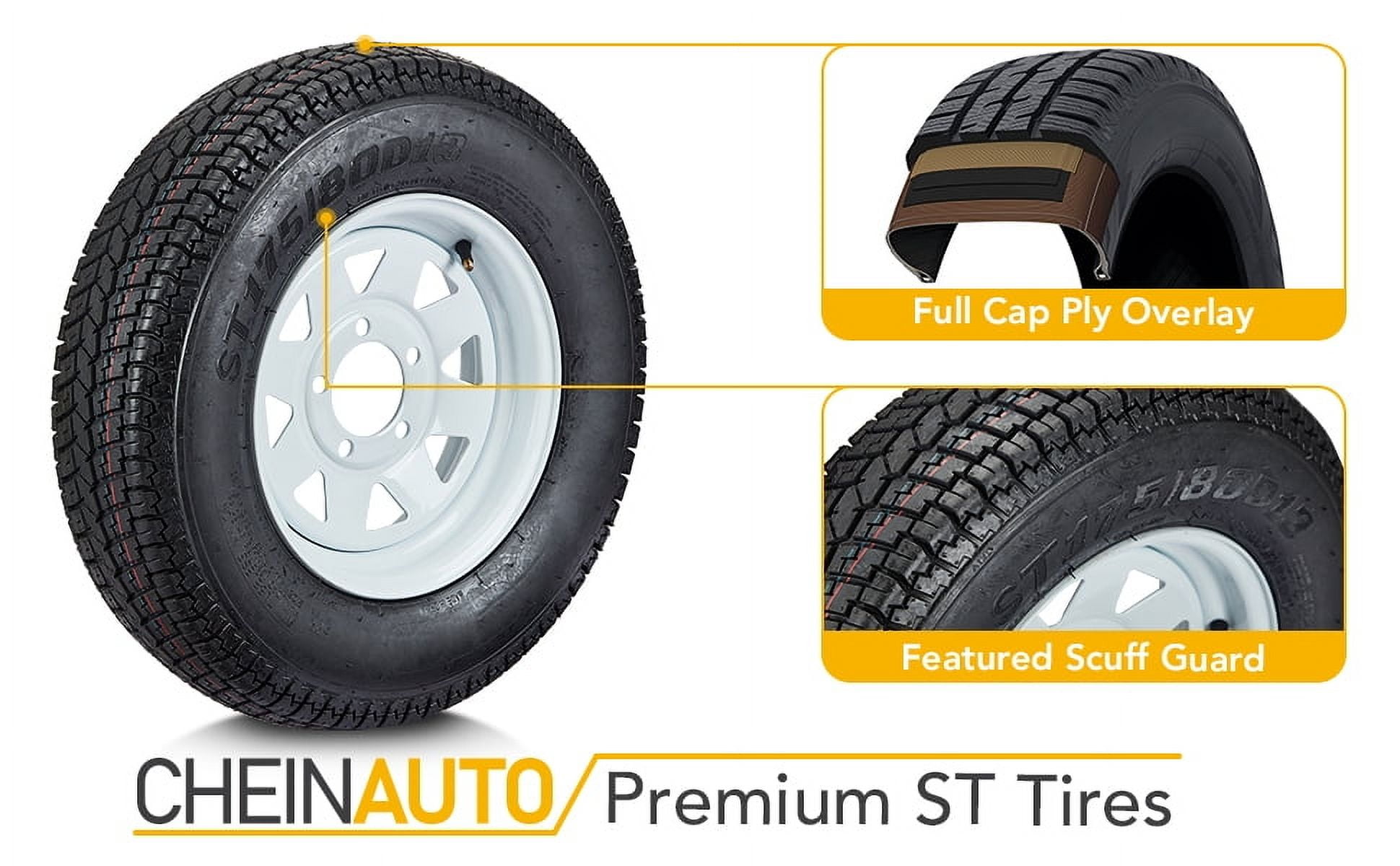 Set of 2 Trailer Tires Rims ST175/80D13 175 80 13 Tire, 5 Lug on 4.5", White Spoke Wheel Load Range C, 6 PLY