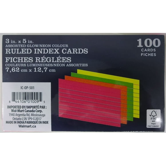 Fiches réglées en couleurs lumineuses néon variées de 7,62 x 12,7 cm (3 x 5 po)