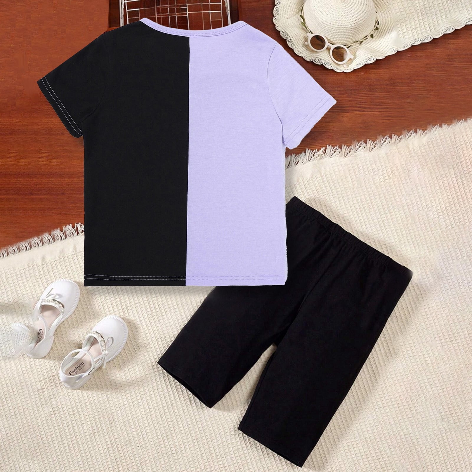 Rovga Kid Girls Clothing Butterfly Prints Clothes Set Elegance Round Neck Short Sleeve Outfits Soft Shorts Photograph Playsuit 7-8 Years Purple