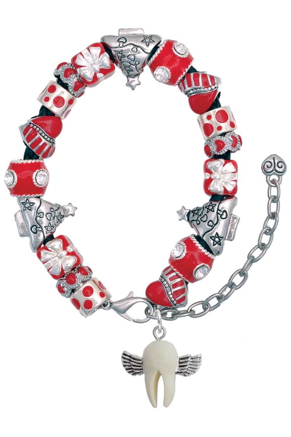 White Tooth with Wings - Tooth Fairy Red Christmas Bead Bracelet