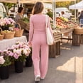 thumbnail image 6 of 2 Piece Sets for Women V Neck Long Sleeve Crop Top Pocket Wide Leg Pants Matching Sets Women Clothing for Daily Going‑Out Outfit Pink S, 6 of 7