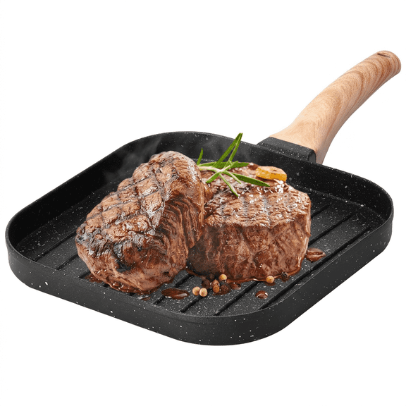 FYJUCPA 7 Inch Small Grill Pan, Nonstick Square Grilling Skillet for Single Serving, Lightweight Aluminum Stove Top Pan with Wood Handle, All Stoves Compatible