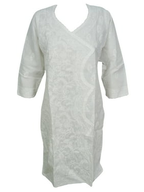 Mogul Women's Cotton White Tunic Dress Lucknowi Embroidered 3/4 Sleeves Beach Style Long Caftan Dresses S