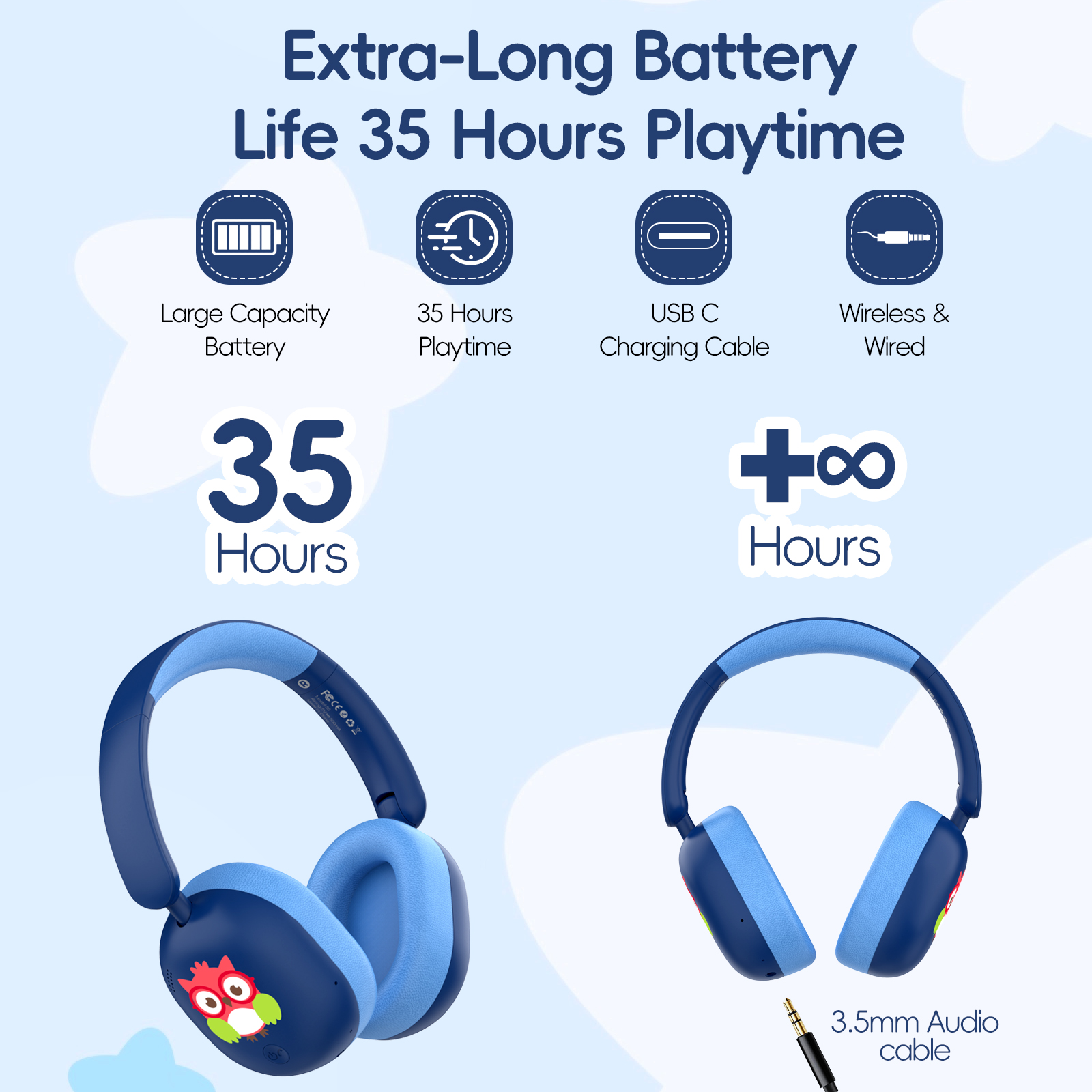 LOBKIN Kids Bluetooth Headphones Over Ear Headphones with Mic 35H Playtime 85dB Safe Volume Foldable Design for Girls Boys Travel/School/Tablet Blue