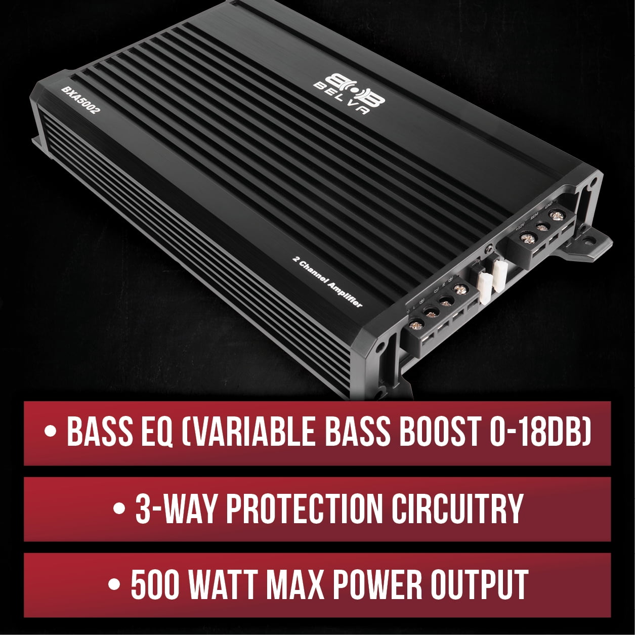Belva BXA5002 Class-A/B 2-Channel Car Audio MOSFET Amplifier 500W w/ Remote Subwoofer Control