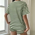thumbnail image 5 of Morttic Women's Summer Casual Waffle Knit Stripe 2 Piece Set – Crew Neck Short Sleeve Top & High Waist Shorts Lounge Outfit Green，L, 5 of 6