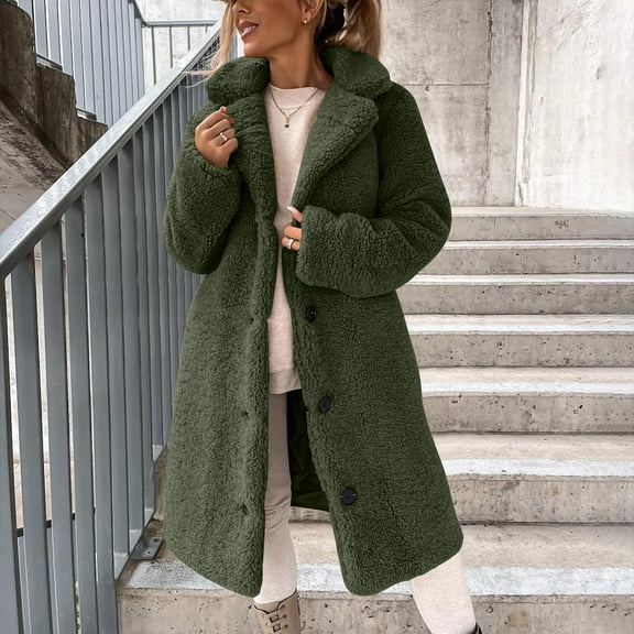 JUSLIO Winter Coats for Women Loose and Wool Long Sleeved Lapel Wool Medium Long Coat Green 2XL