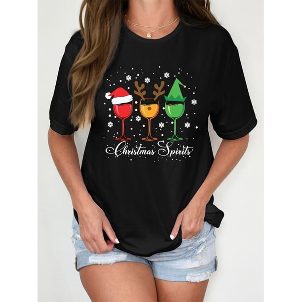 Women's Festive Christmas Spirit Wine Glasses T-Shirt - Comfortable, Crew Neck, Short Sleeve, Casual Sporty Top with Holiday Print